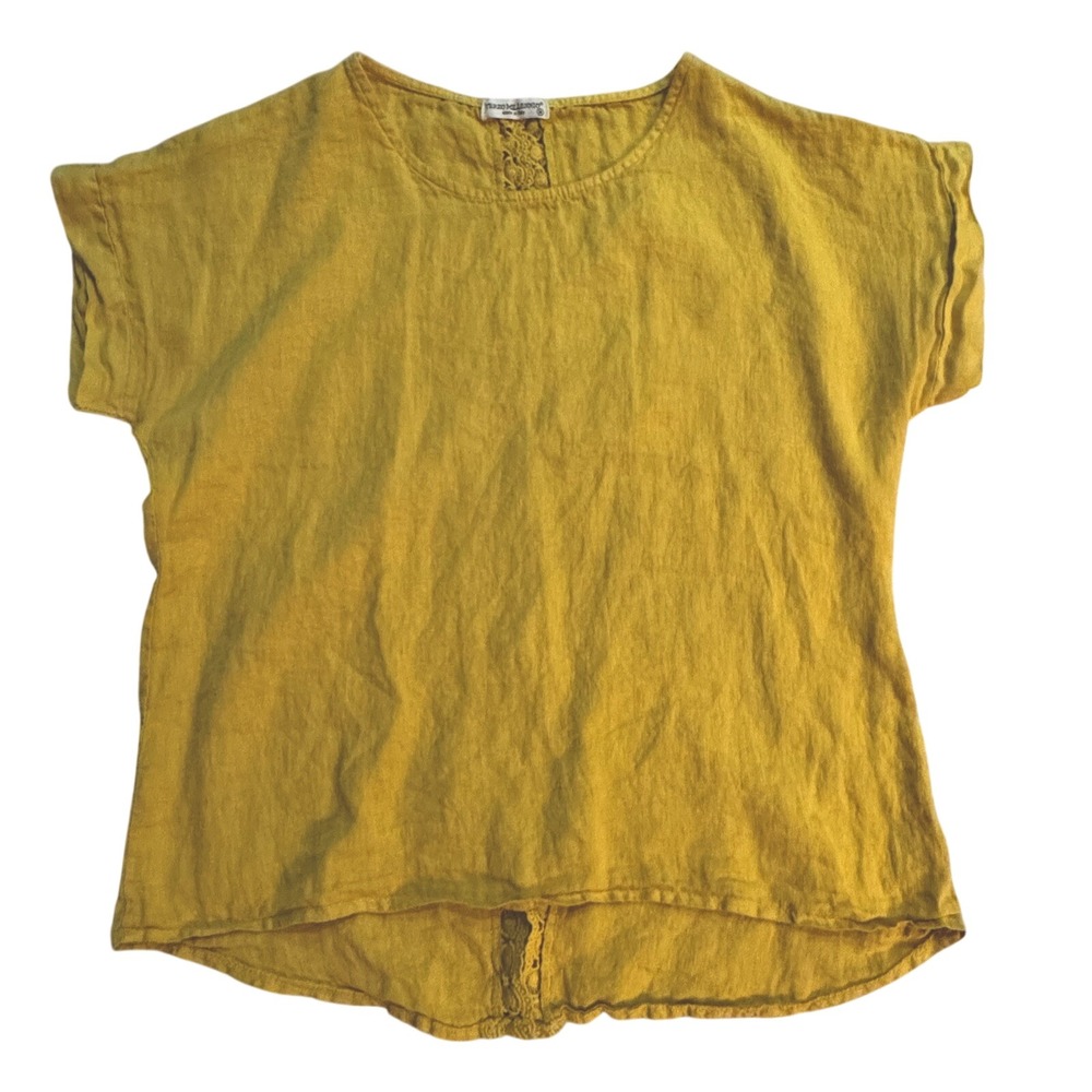 Terzo Millennio Linen Top Womens M Yellow Crochet Back Made in Italy Blouse Boho